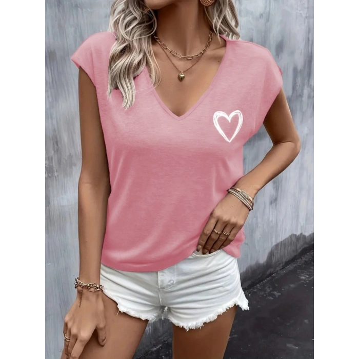 Kadın Kısa Kollu V Yakalı Kalp Baskılı Viskon Bluz