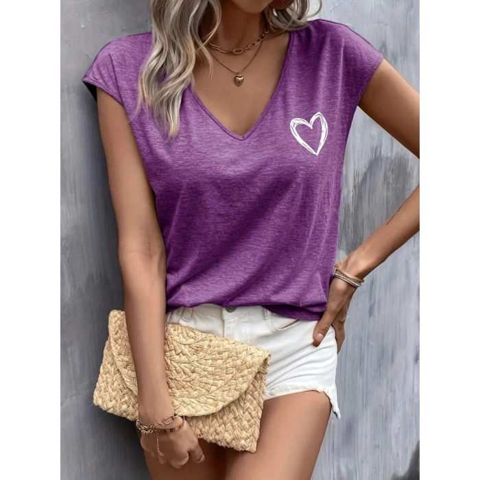Kadın Kısa Kollu V Yakalı Kalp Baskılı Viskon Bluz