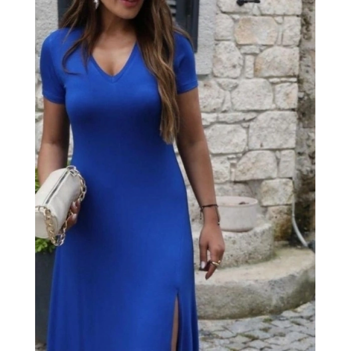 Kadın Kısa Kollu V Yakalı Maksi Boy Viskon Elbise