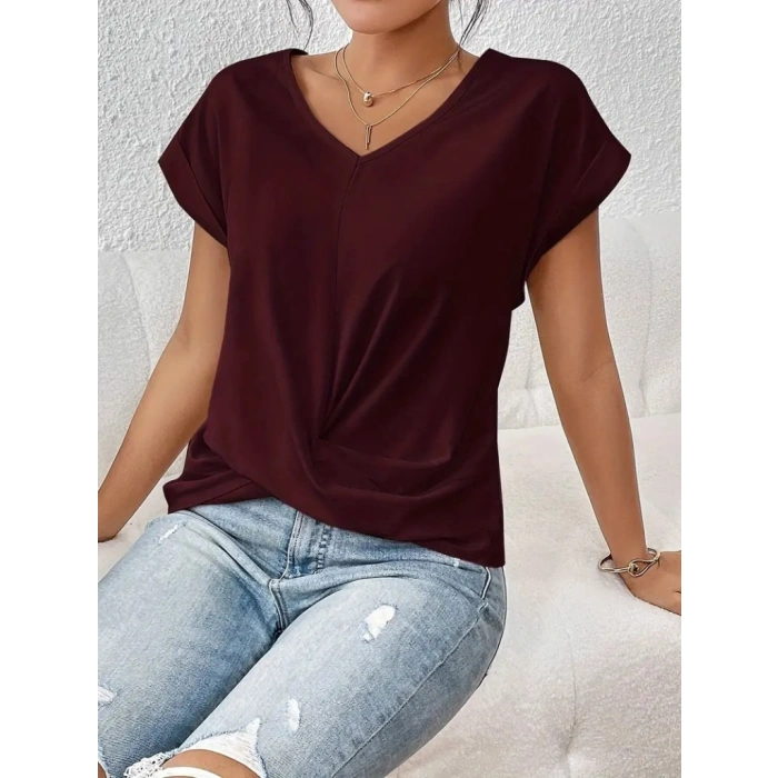 Kadın Kısa Kollu V Yakalı önden çapraz Geçmeli Detay Viskon Bluz