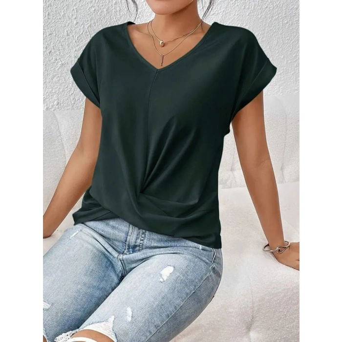 Kadın Kısa Kollu V Yakalı önden çapraz Geçmeli Detay Viskon Bluz