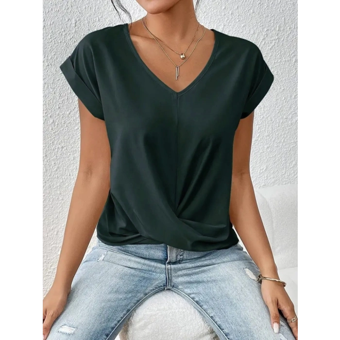 Kadın Kısa Kollu V Yakalı önden çapraz Geçmeli Detay Viskon Bluz