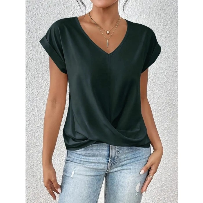 Kadın Kısa Kollu V Yakalı önden çapraz Geçmeli Detay Viskon Bluz