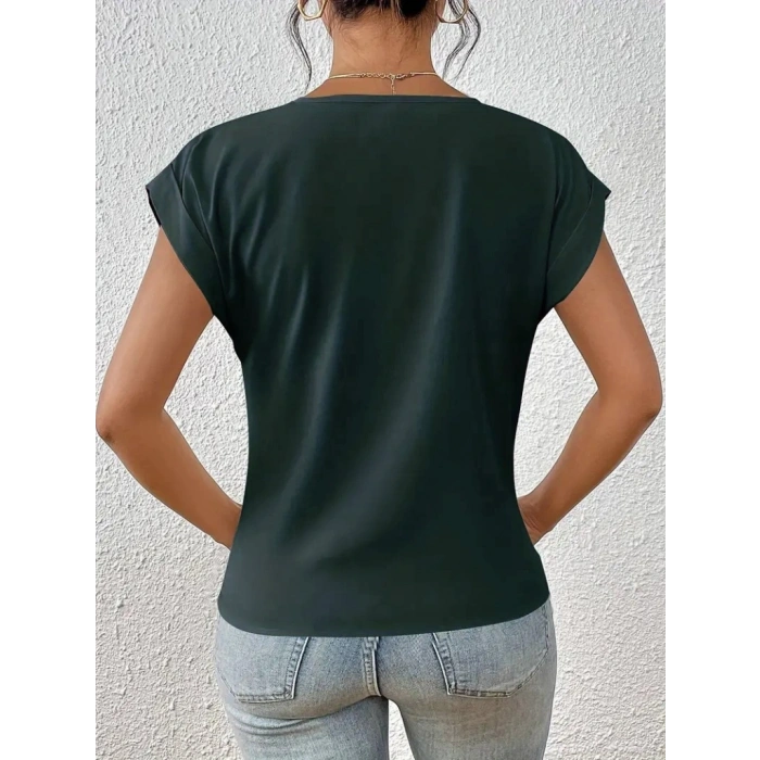 Kadın Kısa Kollu V Yakalı önden çapraz Geçmeli Detay Viskon Bluz