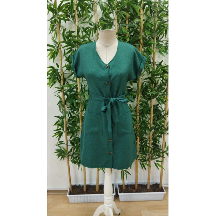 Kadın Kısa Kollu V Yakalı önden Düğmeli Belden Kuşaklı Cepli Sofya Elbise