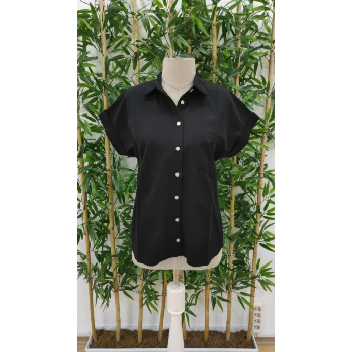 Kadın Kısa Kollu V Yakalı önden Düğmeli Dokuma Gömlek