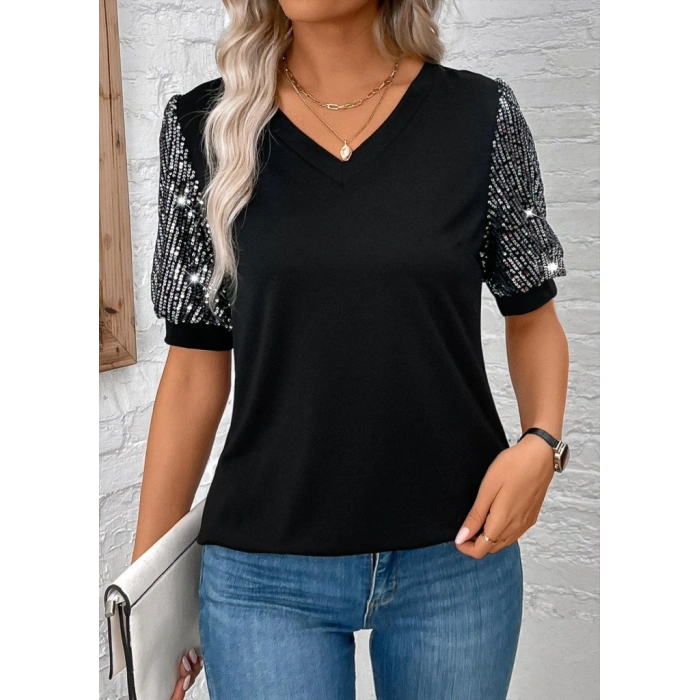 Kadın Kısa Kollu V Yakalı Pul Payet Detaylı Viskon Bluz
