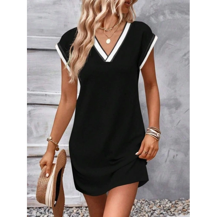 Kadın Kısa Kollu V Yakalı Ribanalı odal ini Elbise