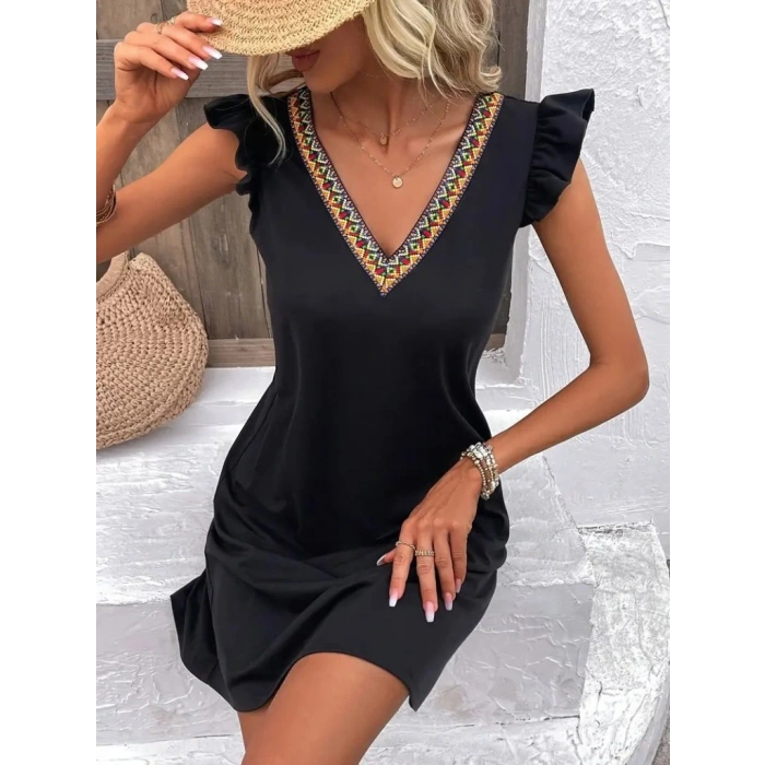 Kadın Kısa Kollu V Yakalı Viskon Elbise