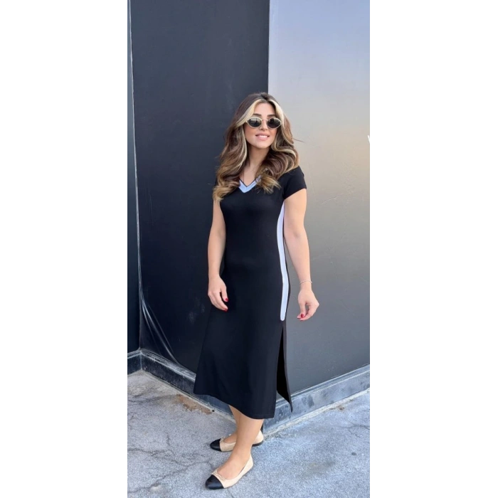 Kadın Kısa Kollu V Yakalı Yandan şerit Ve Yırtmaçlı Viskon Uzun Elbise