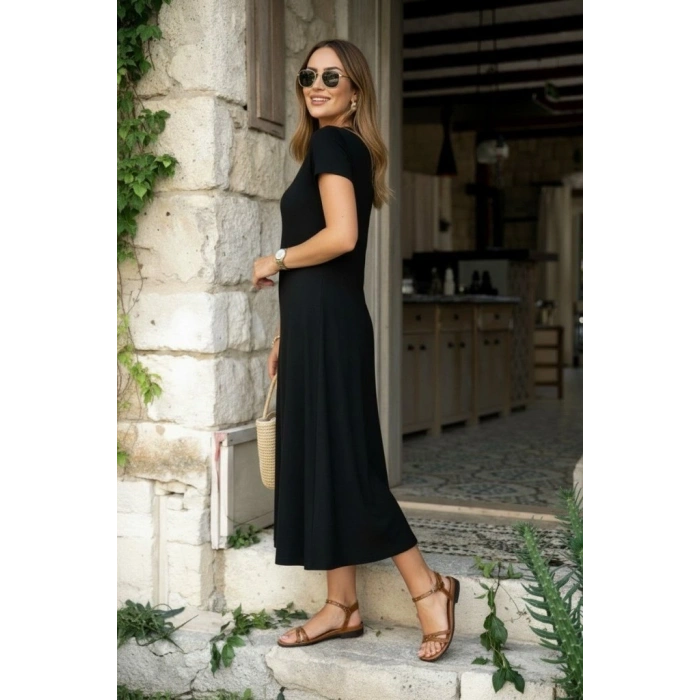 Kadın Kısa Kollu V Yakalı Yırtmaçlı Midi Viskon Elbise