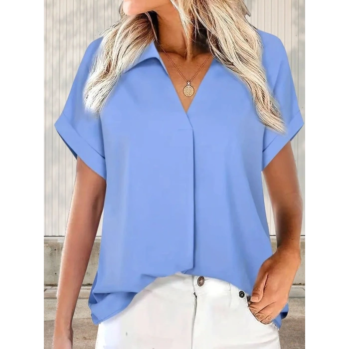 Kadın Kısa Kollu Yakalı Uzun Sandy Bluz