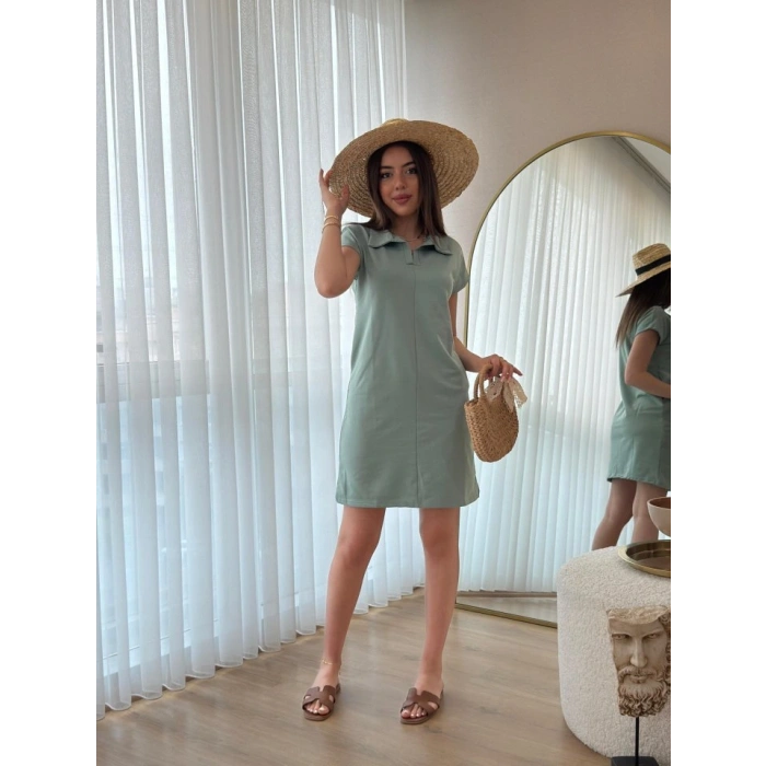 Kadın Kısa Kollu Yakalı Viskon Iki Iplik Elbise