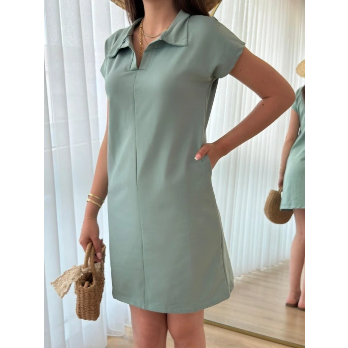 Kadın Kısa Kollu Yakalı Viskon Iki Iplik Elbise