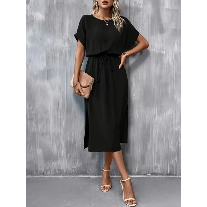 Kadın Kısa Kollu Yakası Açık Belden Bağlamalı Yırtmaçlı Viskon Elbise