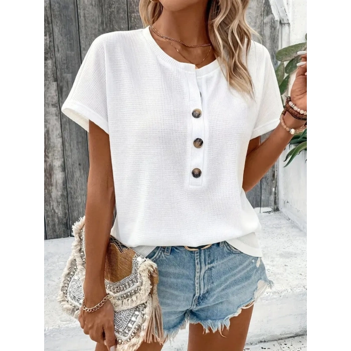 Kadın Kısa Kollu Yakası Açık önden Düğmeli Waffle Bluz