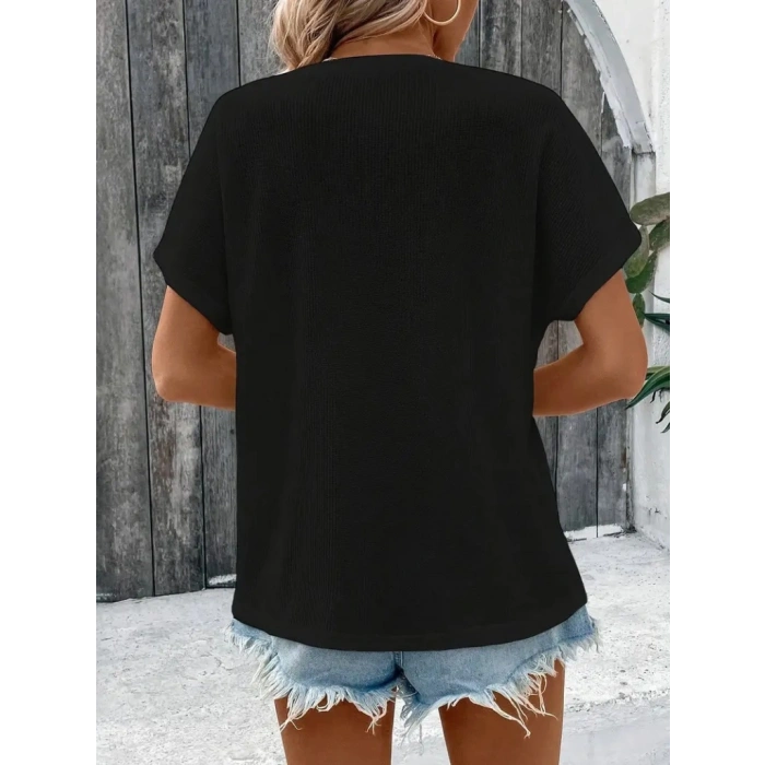 Kadın Kısa Kollu Yakası Açık önden Düğmeli Waffle Bluz