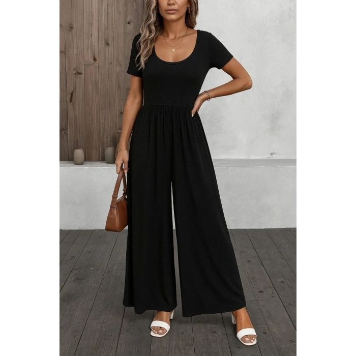 Kadın Kısa Kollu Yuvarlak Yaka Geniş Paçalı Bürümcük Tulum