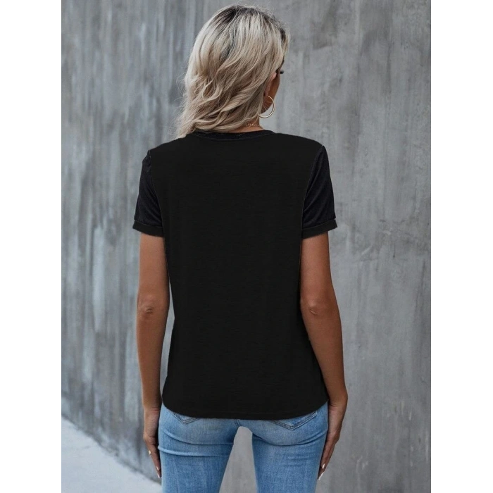 Kadın Kısa Kollu Yuvarlak Yaka ön Dantel Detaylı Viskon Bluz