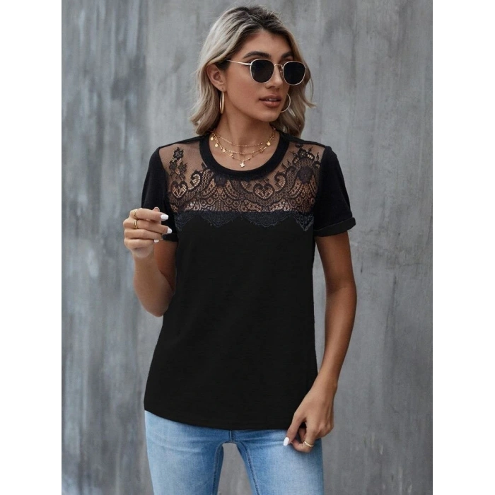 Kadın Kısa Kollu Yuvarlak Yaka ön Dantel Detaylı Viskon Bluz