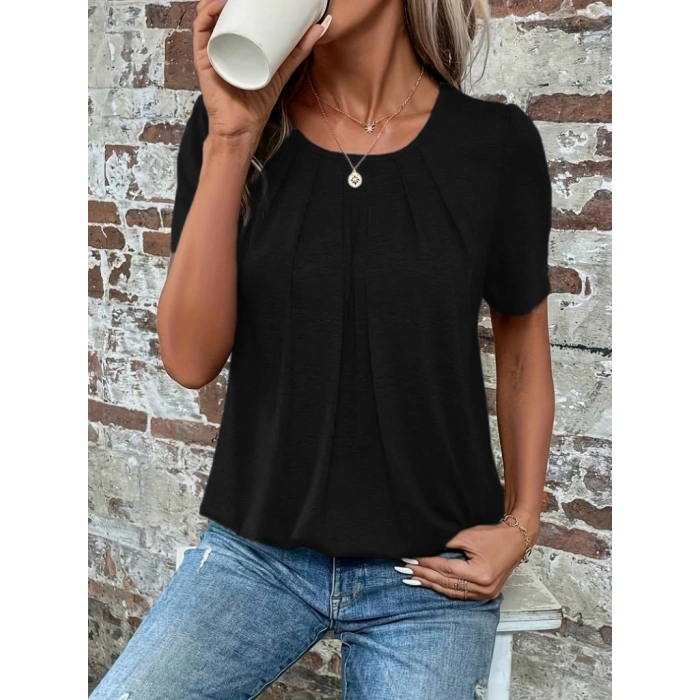 Kadın Kısa Kollu Yuvarlak Yaka önden Pileli Salaş Viskon Bluz