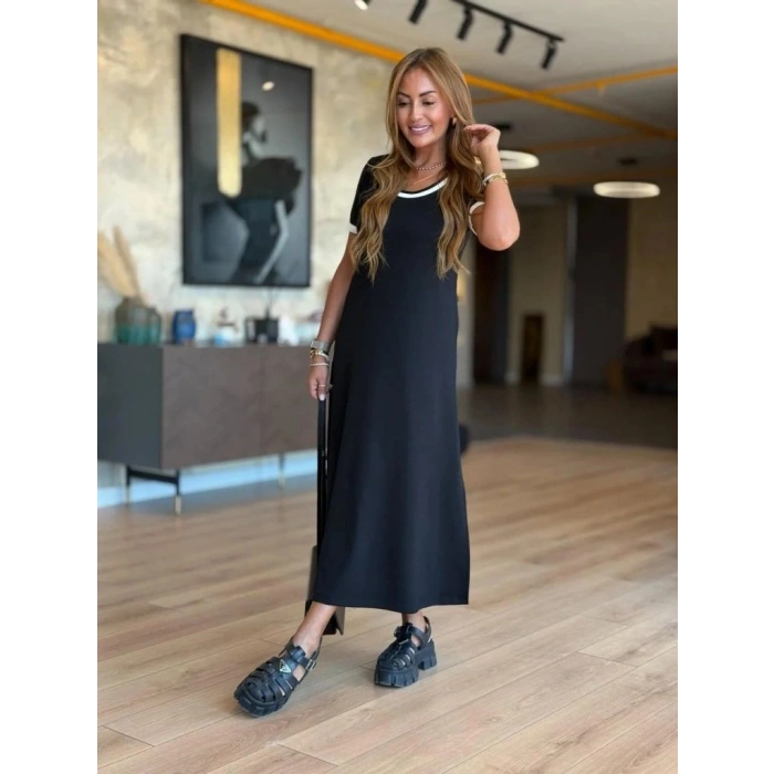 Kadın Kısa Kollu Yuvarlak Yaka Yandan Yırtmaçlı Midi Viskon Elbise