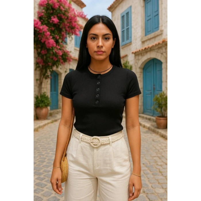 Kadın Kısa Kollu Yuvarlak Yakalı Düğme Detay Kaşkorse Bluz