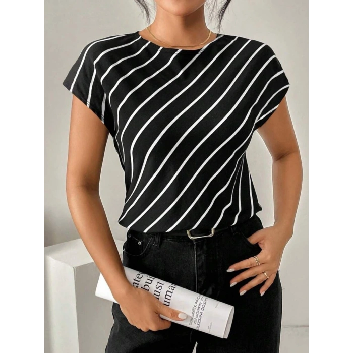 Kadın Kısa Yarasa Kollu Bisiklet Yaka çizgi Desenli Atlas Bluz