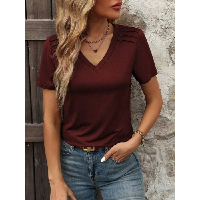 Kadın Kollu V Yakalı Omuzlarda çizgi Detaylı Viskon Bluz