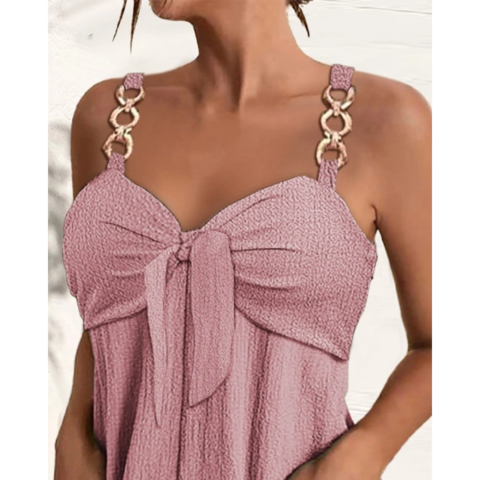 Kadın Kolsuz Askı Aksesuarlı önü Bağlama Detay Salopet şort Tulum