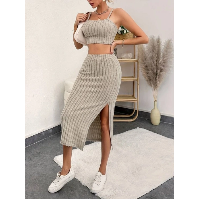 Kadın Kolsuz Askılı Crop Yırtmaçlı Midi Etek Fitilli Kaşkorse Takım