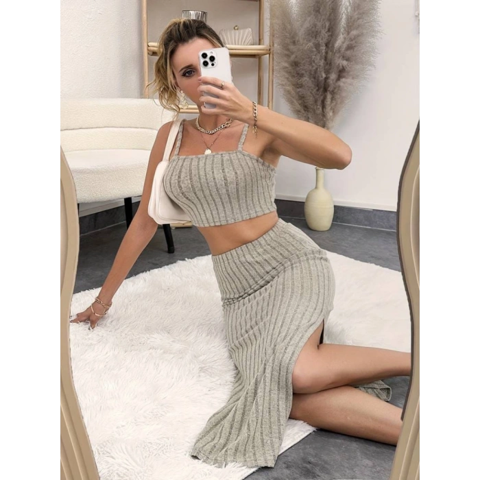 Kadın Kolsuz Askılı Crop Yırtmaçlı Midi Etek Fitilli Kaşkorse Takım