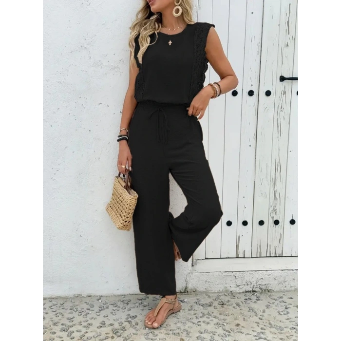 Kadın Kolsuz Bisiklet Yaka Aerobin Bluz Ve Bağcıklı Pantolon