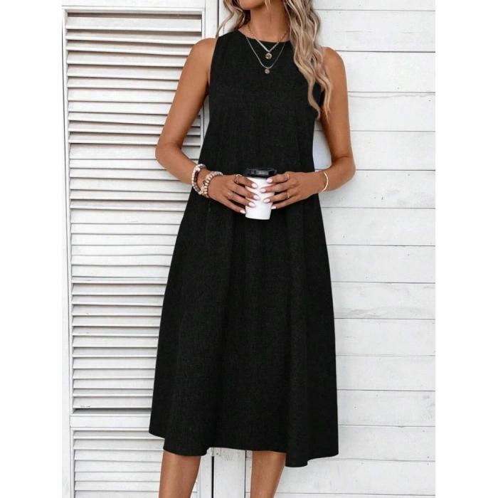 Kadın Kolsuz Bisiklet Yaka Cepli Midi Keten Elbise