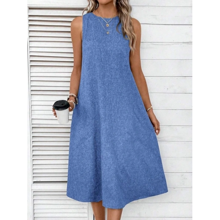 Kadın Kolsuz Bisiklet Yaka Cepli Midi Keten Elbise