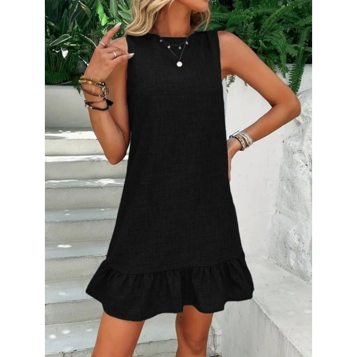 Kadın Kolsuz Bisiklet Yaka Fırfırlı Sofya Elbise