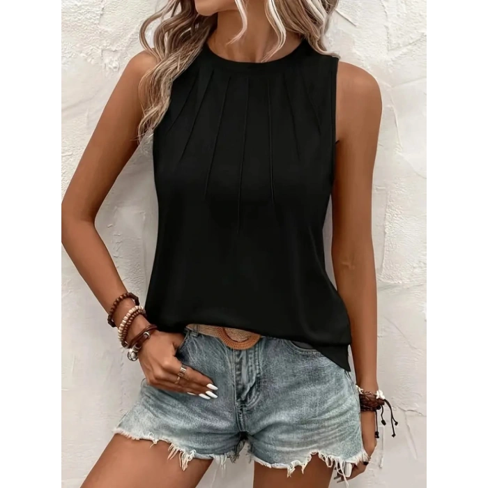 Kadın Kolsuz Bisiklet Yaka önden şerit Detaylı Viskon Bluz