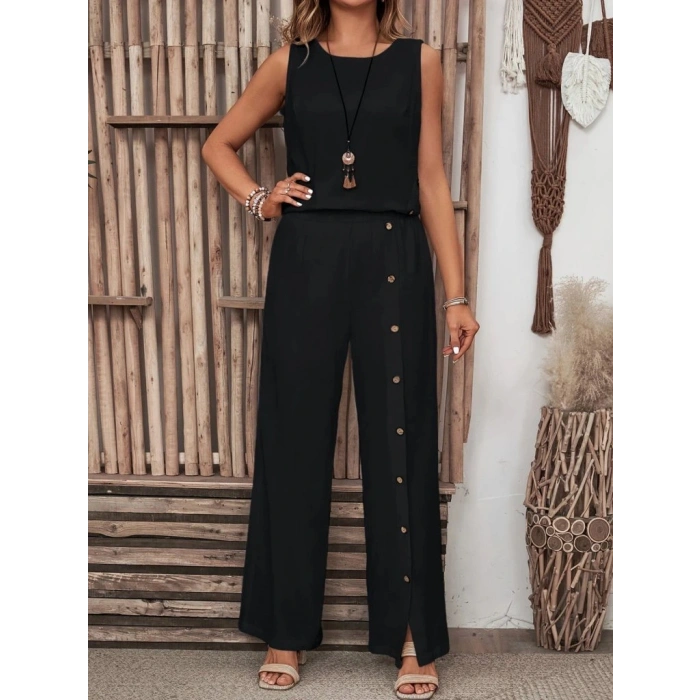 Kadın Kolsuz Düğmeli Asimetrik Detaylı Bürümcük Bluz Ve Pantolon Takım