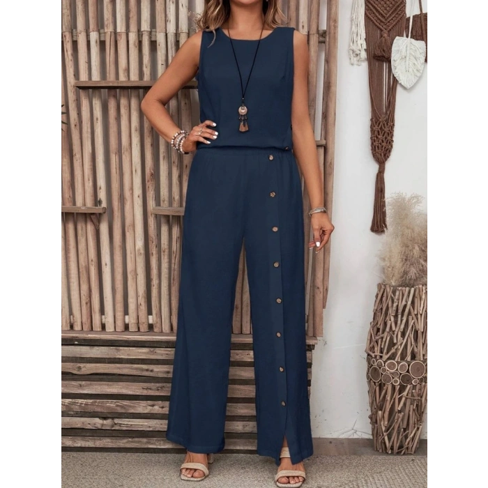 Kadın Kolsuz Düğmeli Asimetrik Detaylı Bürümcük Bluz Ve Pantolon Takım