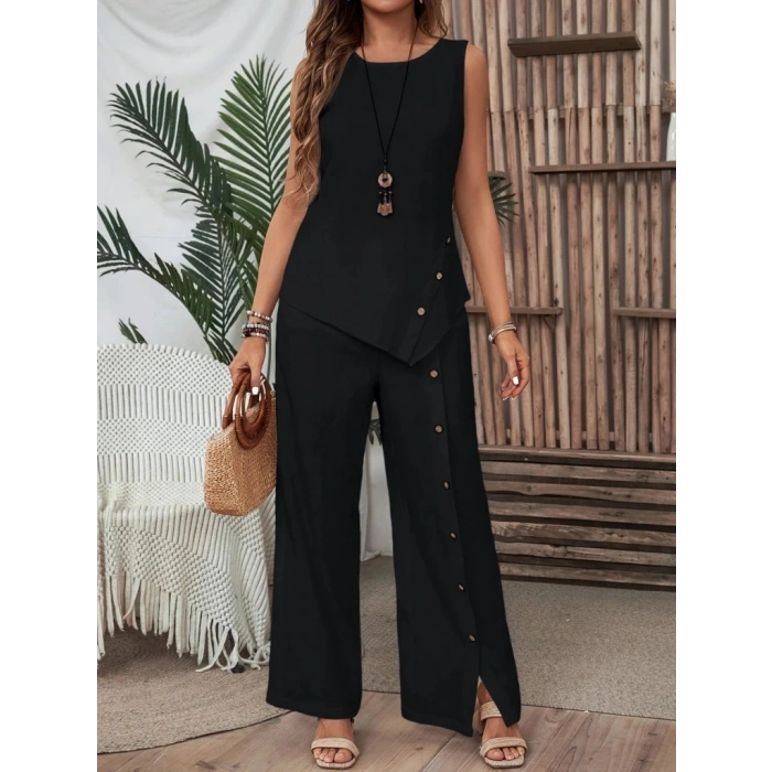 Kadın Kolsuz Düğmeli Asimetrik Detaylı Bürümcük Bluz Ve Pantolon Takım