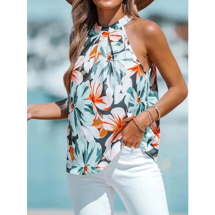 Kadın Kolsuz Halter Yaka Desenli Bluz