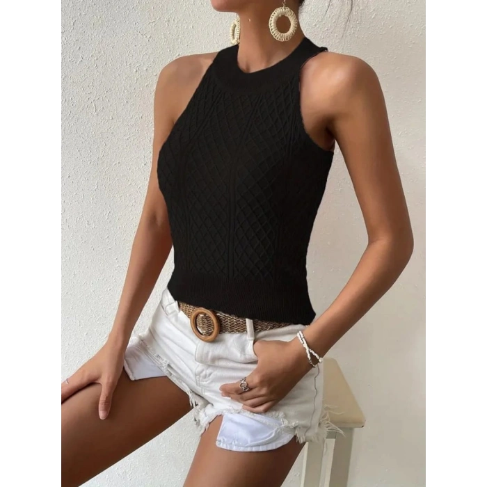 Kadın Kolsuz Halter Yaka Mini Baklava Desenli Triko Bluz