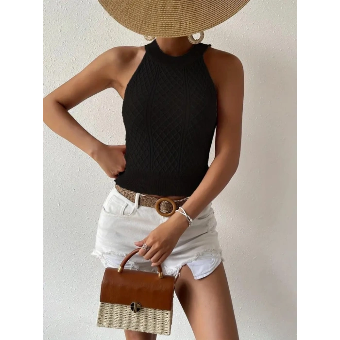 Kadın Kolsuz Halter Yaka Mini Baklava Desenli Triko Bluz