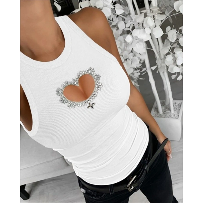 Kadın Kolsuz Kalp Dekolteli Taş Detaylı Kaşkorse Bluz