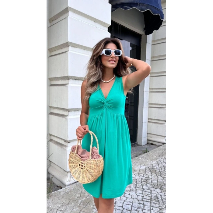 Kadın Kolsuz önü Düğüm Detay Viskon Elbise