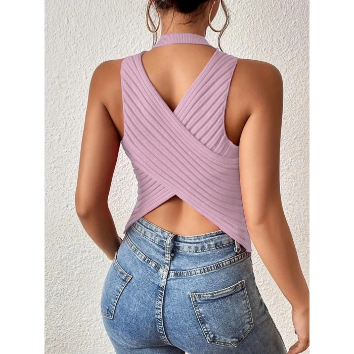 Kadın Kolsuz Sırt çapraz Detay Triko Bluz