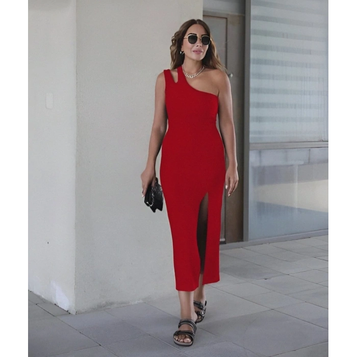 Kadın Kolsuz Tek Omuz Damla Detay JanJan Krep Elbise