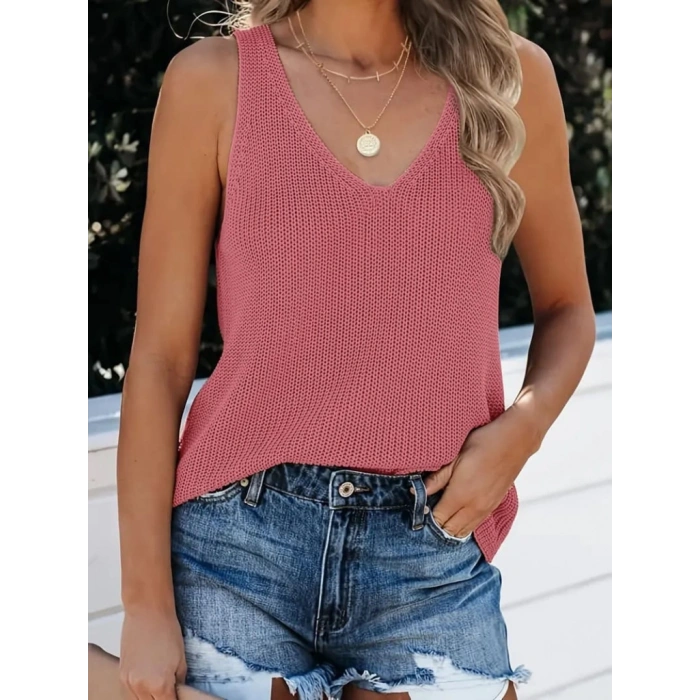 Kadın Kolsuz V Yaka Kalın Askılı Triko Bluz