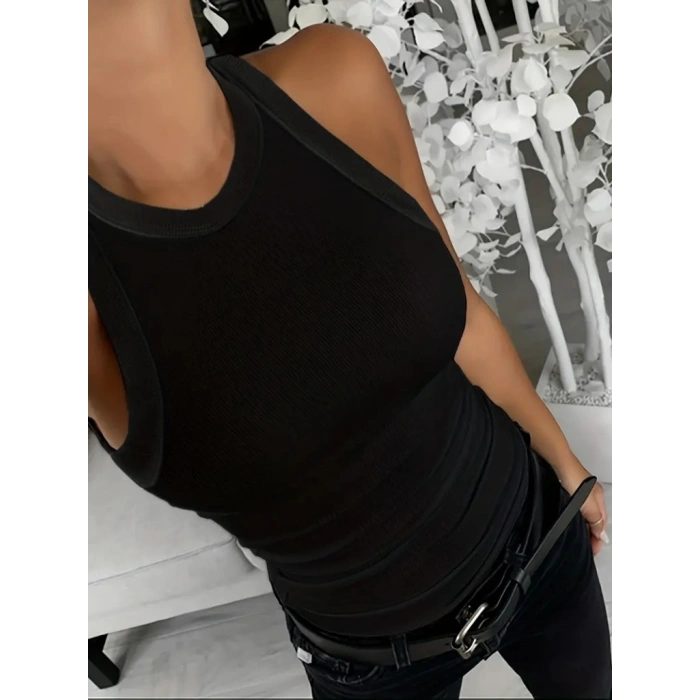 Kadın Kolsuz Yuvarlak Yaka Kalın Fitilli şardonlu Kaşkorse Bluz