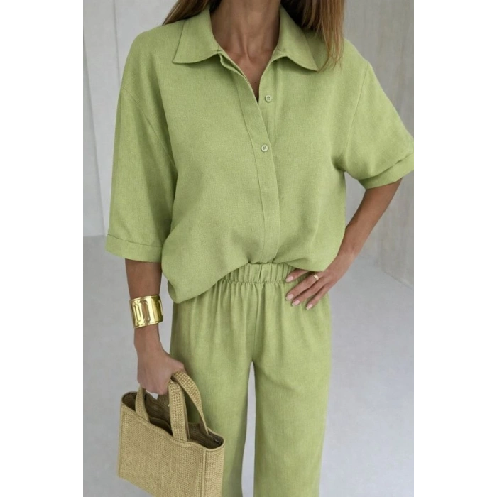 Kadın Krep Kumaş Gömlek Ve Ispanyol Paça Pantolon Ikili Takım